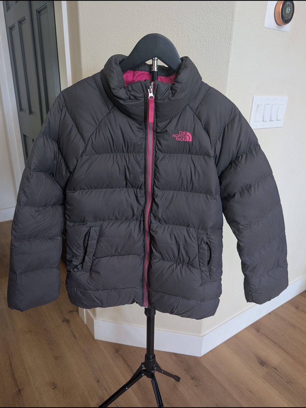 The North Face Kids Gray Puffer Jacket with Pink Trim